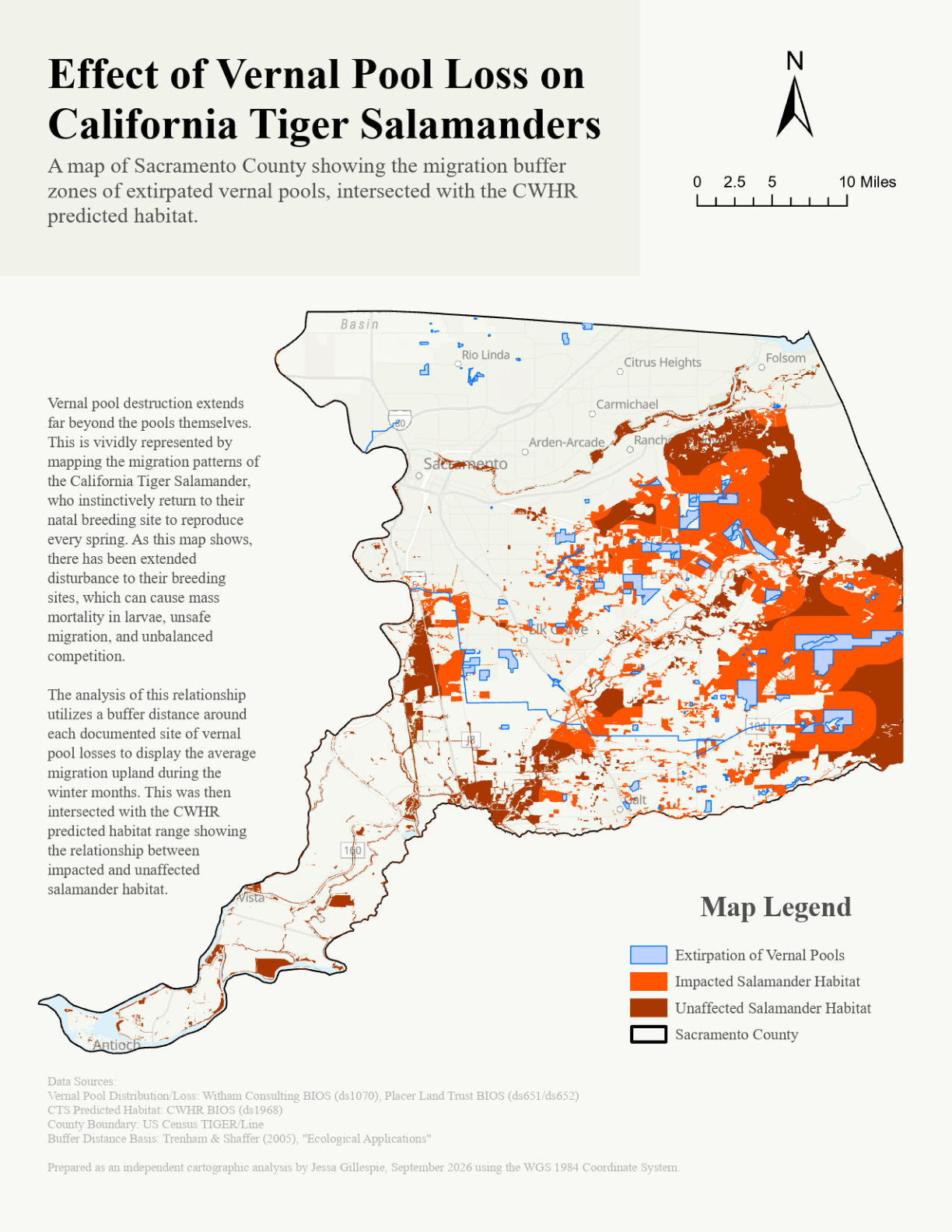 Map of Sacramento County showing vernal-pool loss in blue and the California tiger salamander habitat it overlaps, in orange and brown