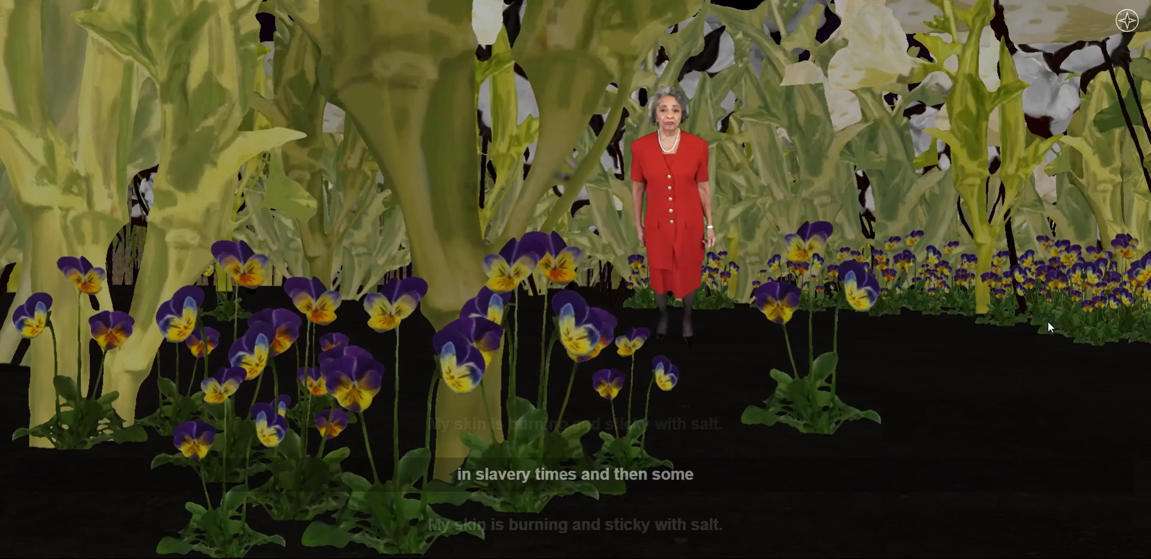 Secret Garden scene of an elder in a red suit among painted pansies and pale tree trunks, with the line “in slavery times and then some”, image 1 of 2
